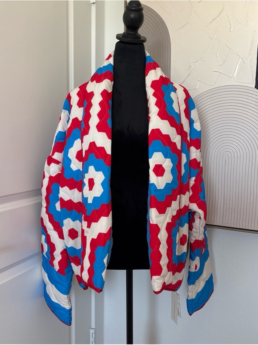 Commense Geometric Quilted Pea Coat in Red, White & Blue